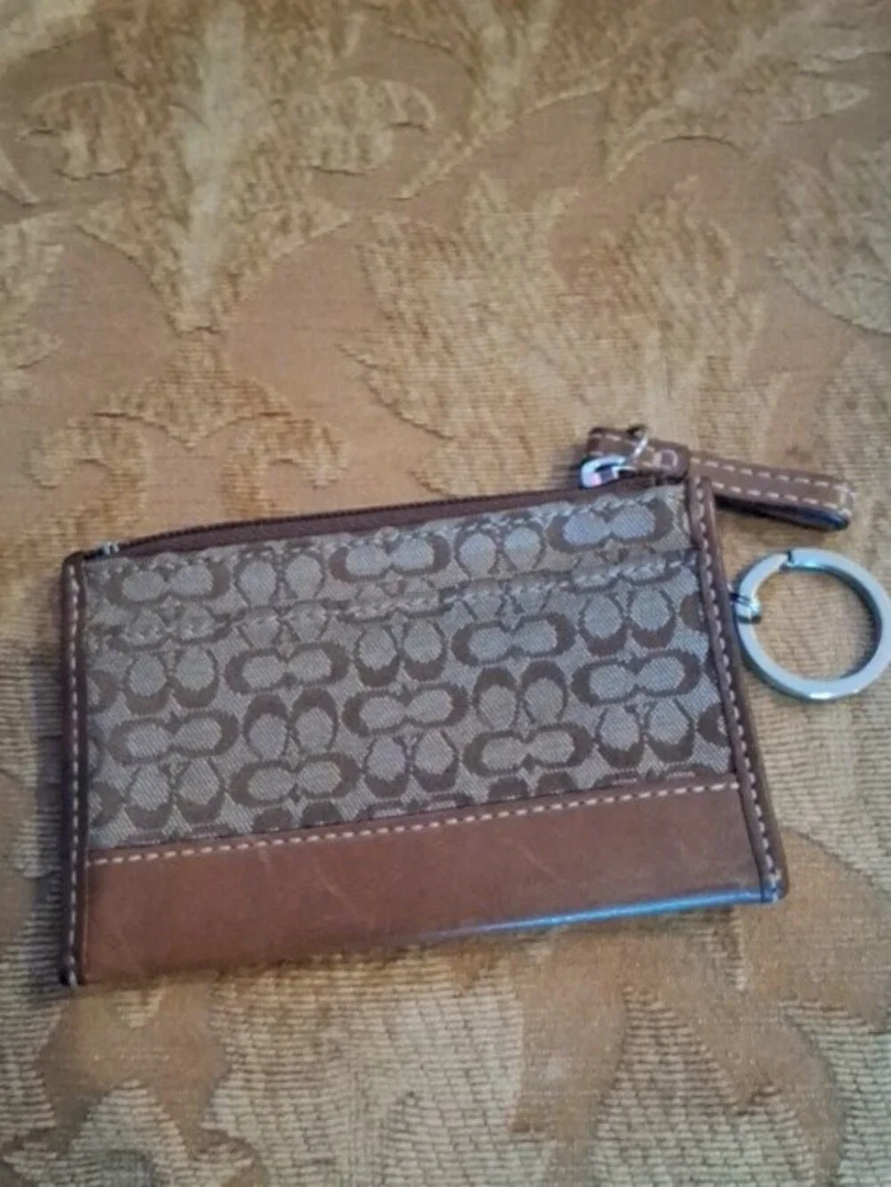 Coach Monogram Canvas Card Case with Brown Leather Trim and Key Ring